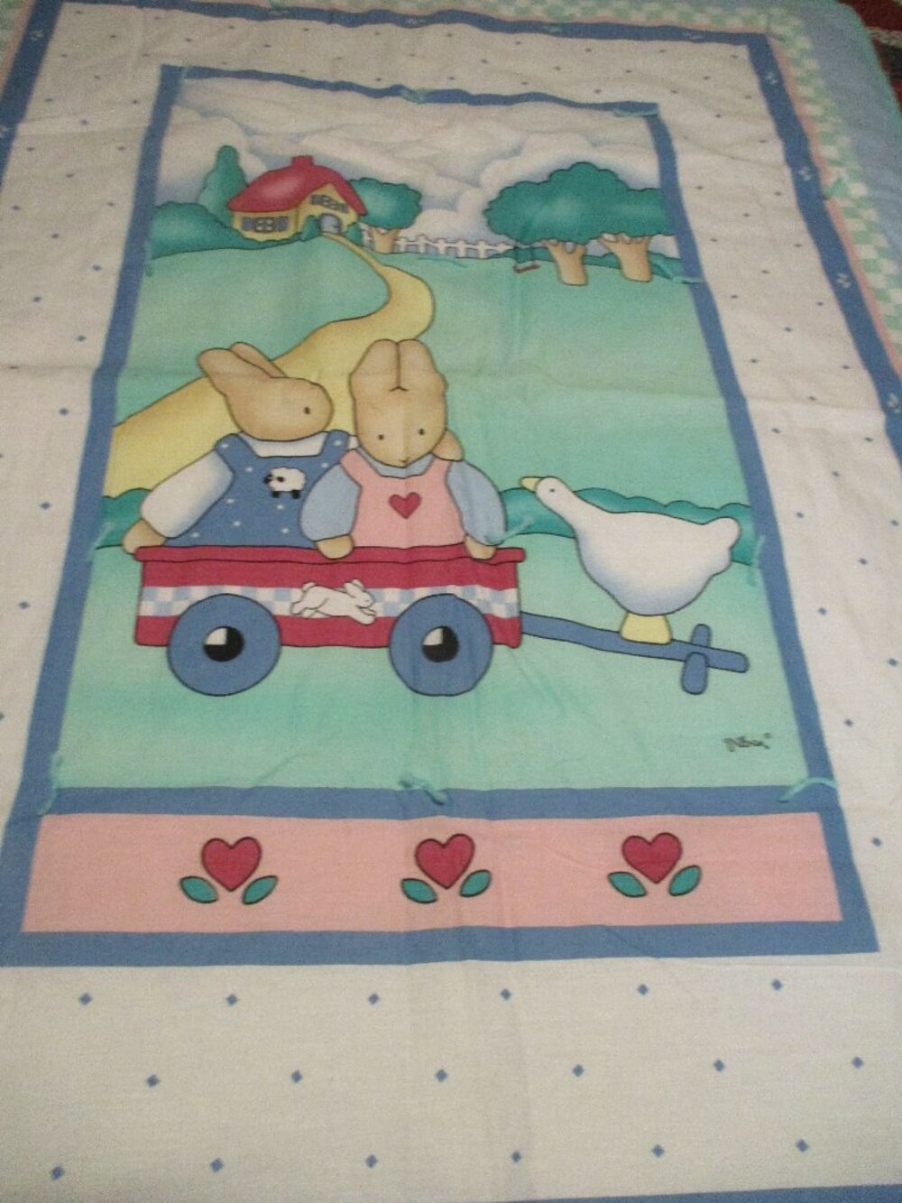 Vintage Daisy Kingdom Honey Bunny Baby Blanket Panel Wagon Goose Quilt Unused